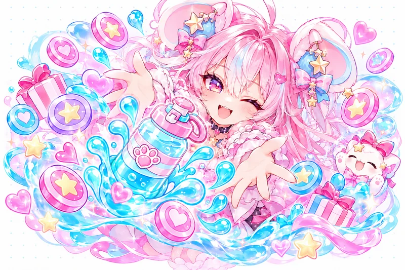 Pixy winking with her arms out among star and heart reward coins, gift boxes and a splashing paw-print water bottle
