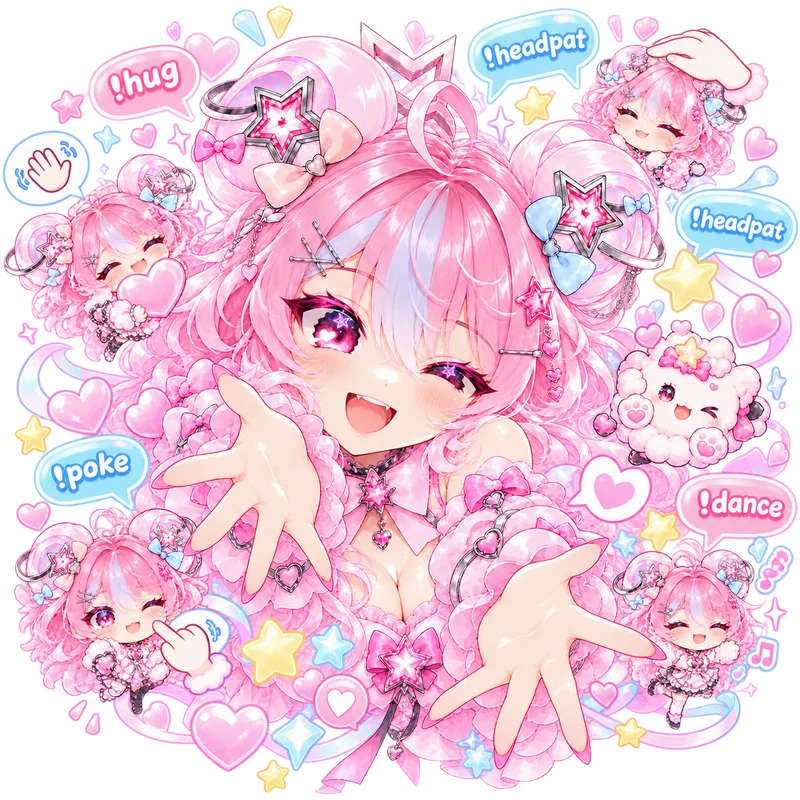 Pixy reaching out with a wink, surrounded by chat bubbles for !hug, !headpat, !poke and !dance
