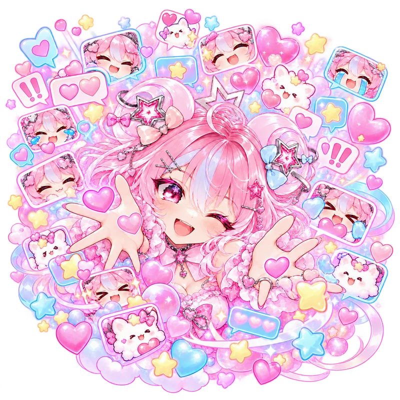 Pixy waving from a big pile of chibi emotes, hearts, stars and chat bubbles
