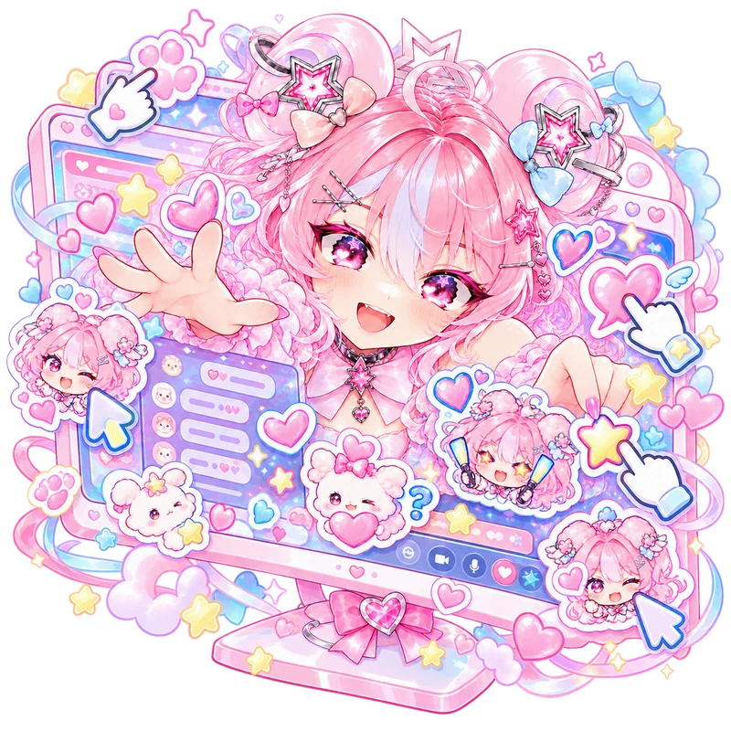 Pixy peeking out of a pastel stream screen covered in chibi stickers, hearts and clicking cursors