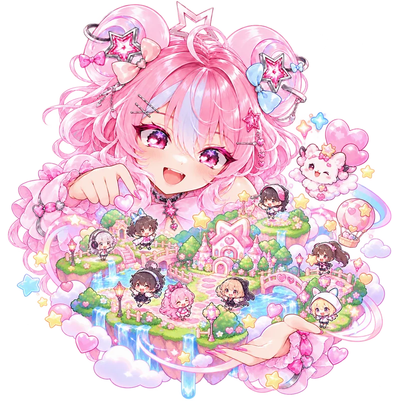 Pixy leaning over a floating pastel island where tiny chibi chatters play by a little castle